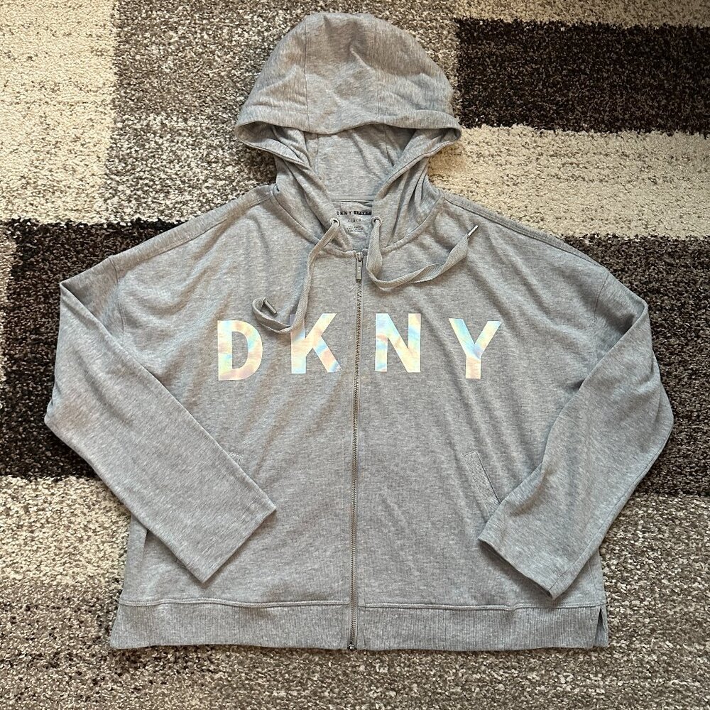 DKNY SPORT (L) Heather Gray Iridescent Silver Logo Zip Hoodie Sweatshirt Womens